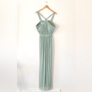 Birdy Grey Teal Green Ruched Tie Front Halter Shear Maxi Gown 2XL Prom Bridal